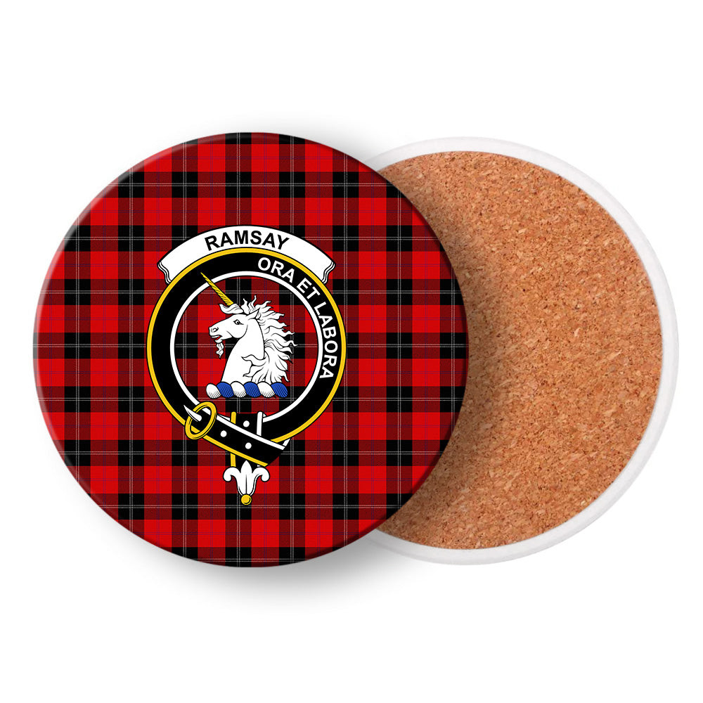 ScotsTee Shop Scottish Ramsay of Dalhousie (Ramsay Red) Modern Crest Tartan Drinks Coasters – Wood, Rubber, Ceramic
