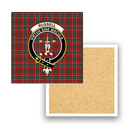 ScotsTee Shop Scottish Russell USA Modern Crest Tartan Drinks Coasters – Wood, Rubber, Ceramic