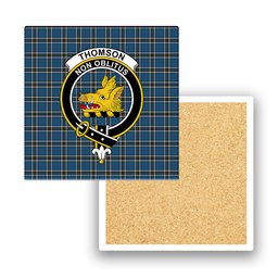 ScotsTee Shop Scottish Thomson Dress Blue Crest Tartan Drinks Coasters – Wood, Rubber, Ceramic