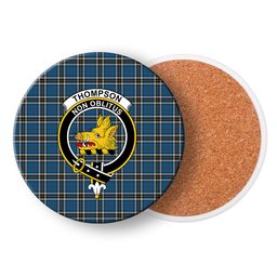 ScotsTee Shop Scottish Thompson Dress Blue Crest Tartan Drinks Coasters – Wood, Rubber, Ceramic