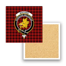 ScotsTee Shop Scottish MacIver 2 Crest Tartan Drinks Coasters – Wood, Rubber, Ceramic