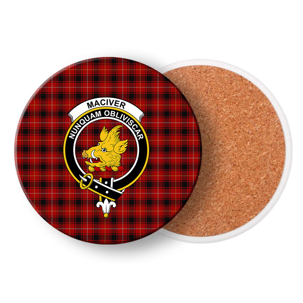ScotsTee Shop Scottish MacIver 2 Crest Tartan Drinks Coasters – Wood, Rubber, Ceramic