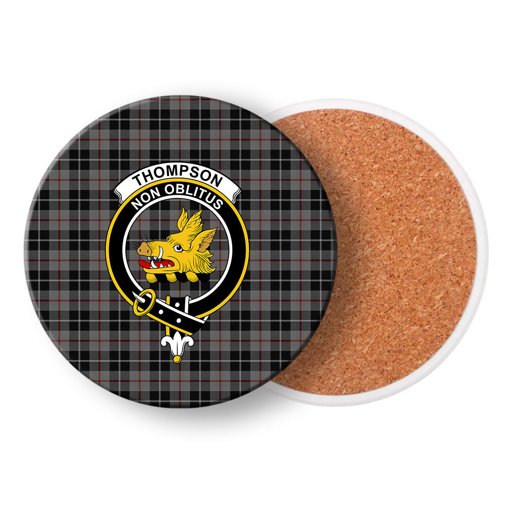 ScotsTee Shop Scottish Thompson Society Grey Crest Tartan Drinks Coasters – Wood, Rubber, Ceramic