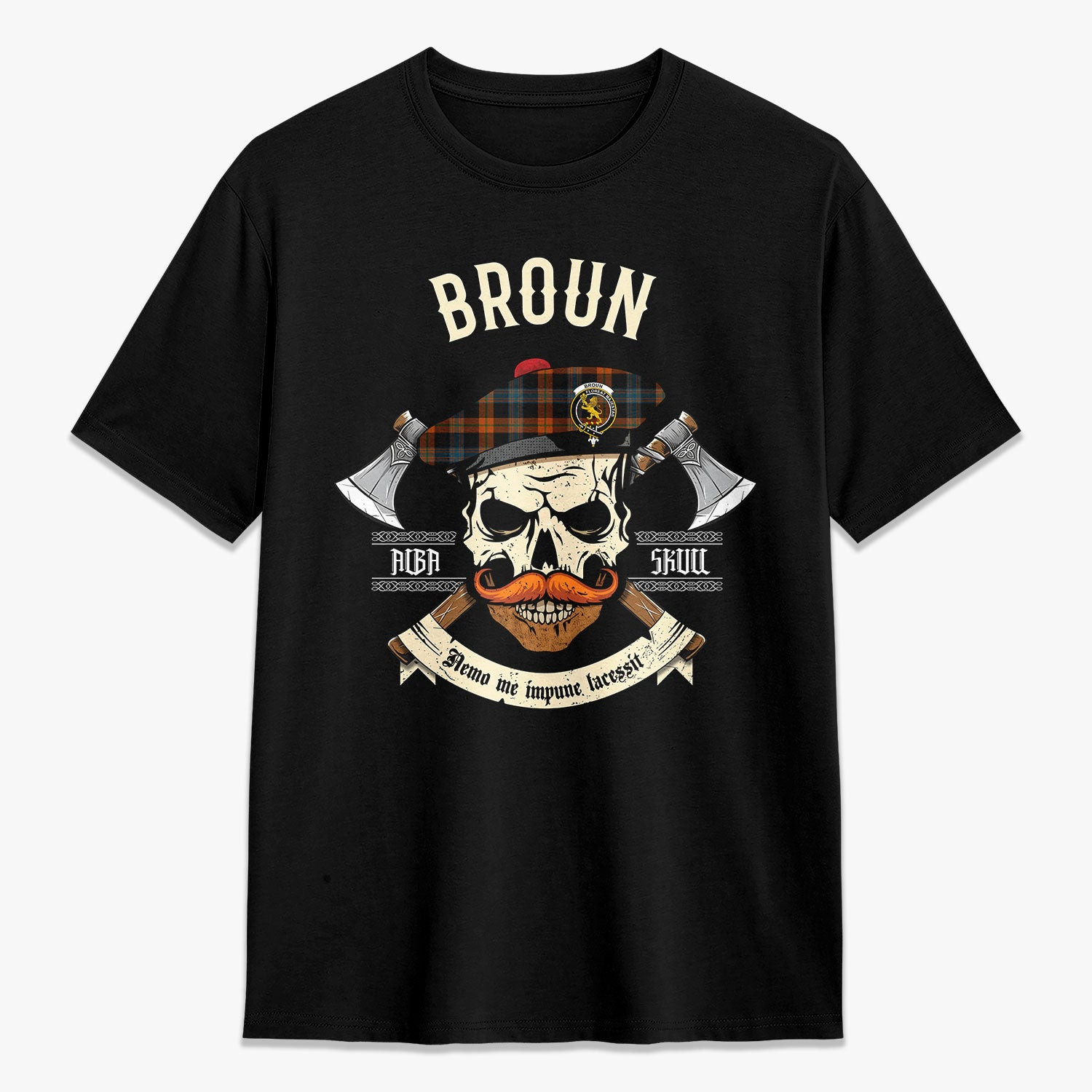 ScotsTee Shop Scottish Broun Ancient Crest Tartan T-shirt Alba Skull Style