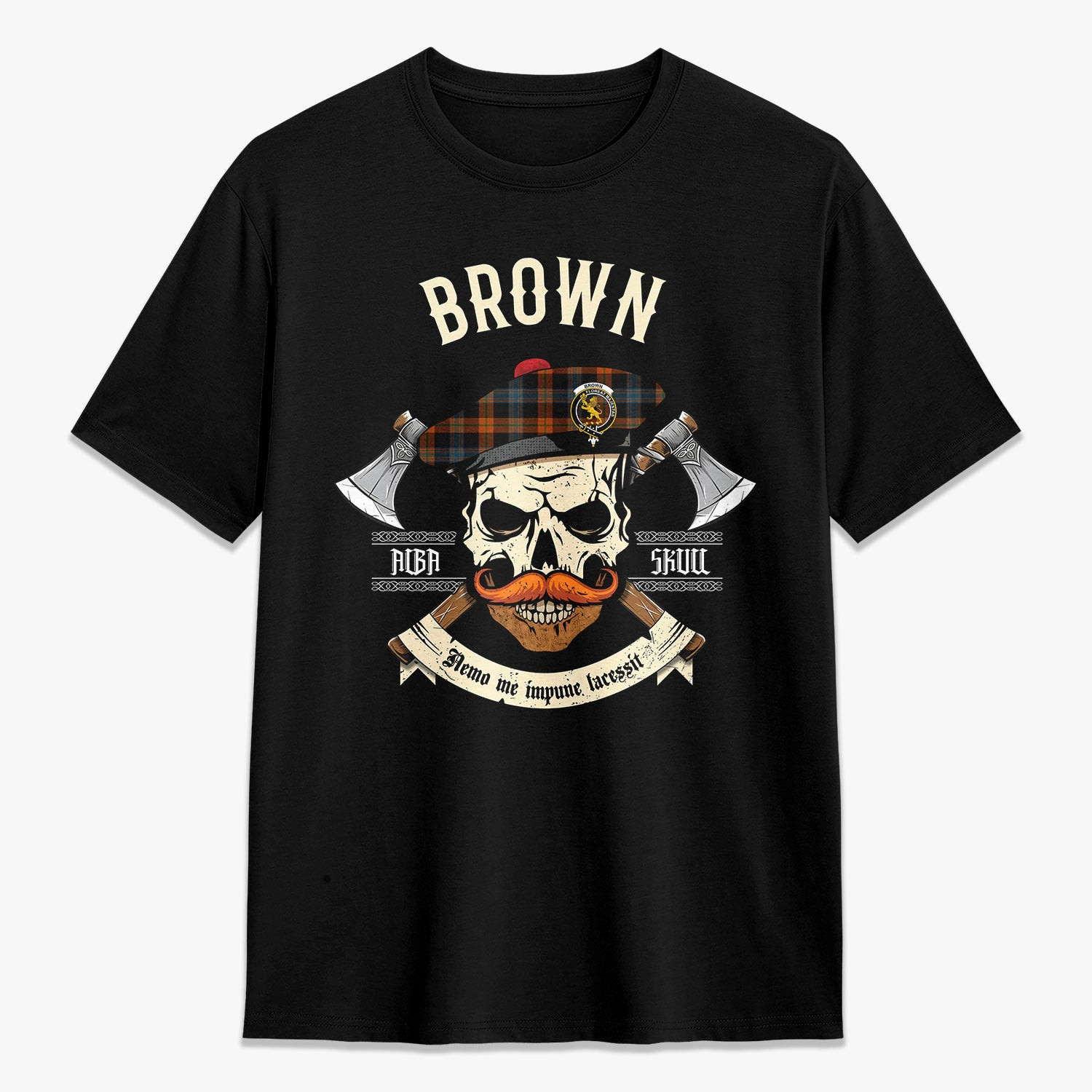 ScotsTee Shop Scottish Brown Ancient Crest Tartan T-shirt Alba Skull Style