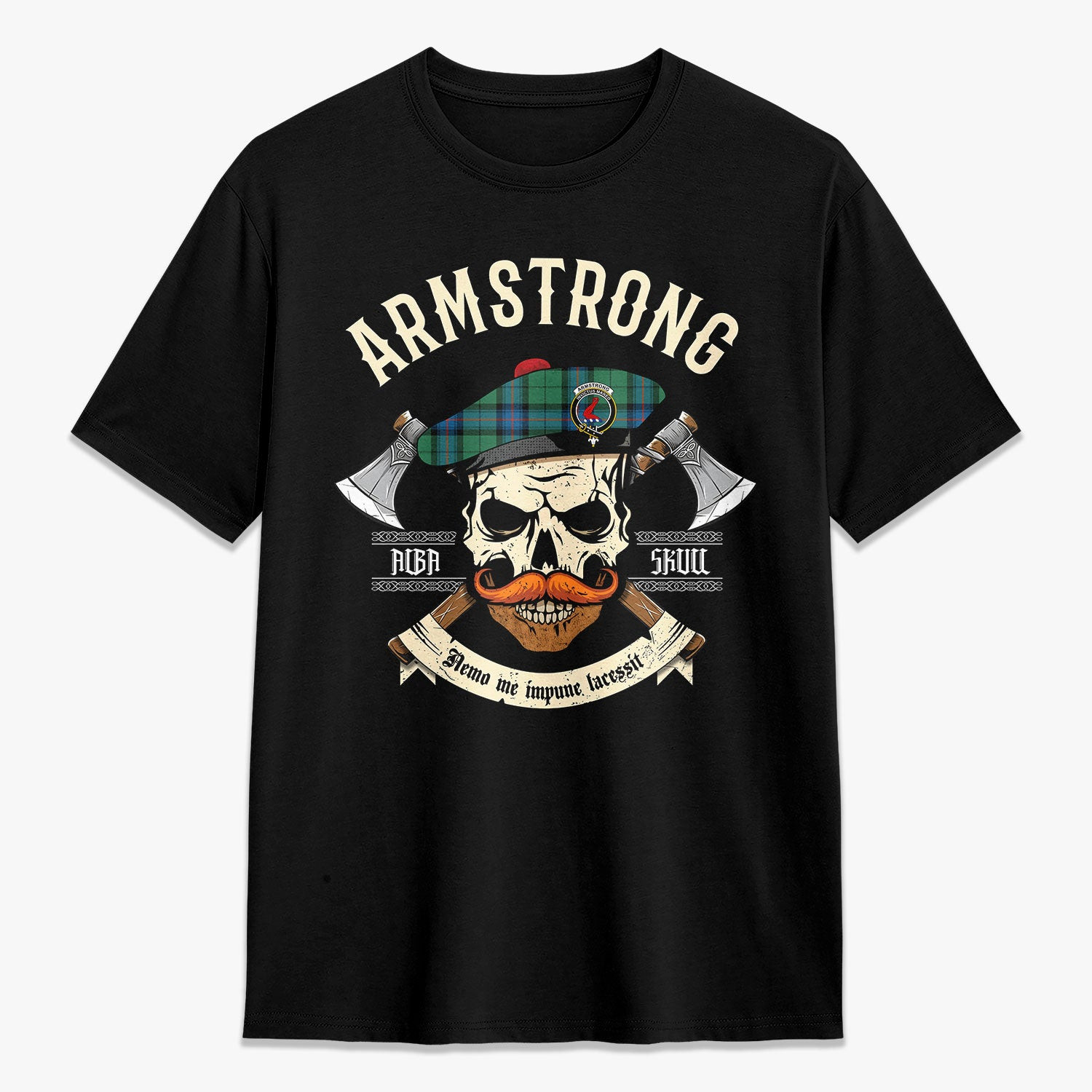 ScotsTee Shop Scottish Armstrong Ancient Crest Tartan T-shirt Alba Skull Style
