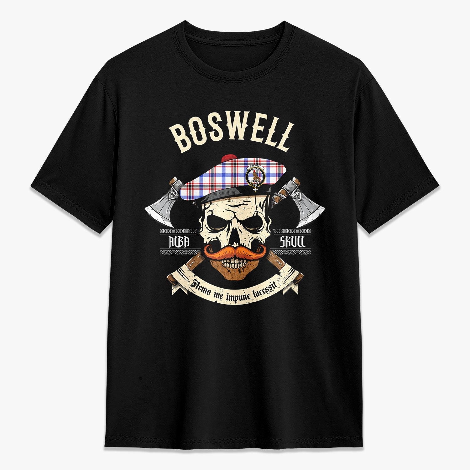 ScotsTee Shop Scottish Boswell Modern Crest Tartan T-shirt Alba Skull Style