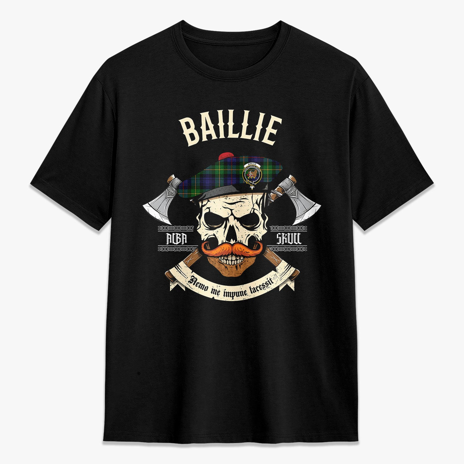 ScotsTee Shop Scottish Baillie Crest Tartan T-shirt Alba Skull Style