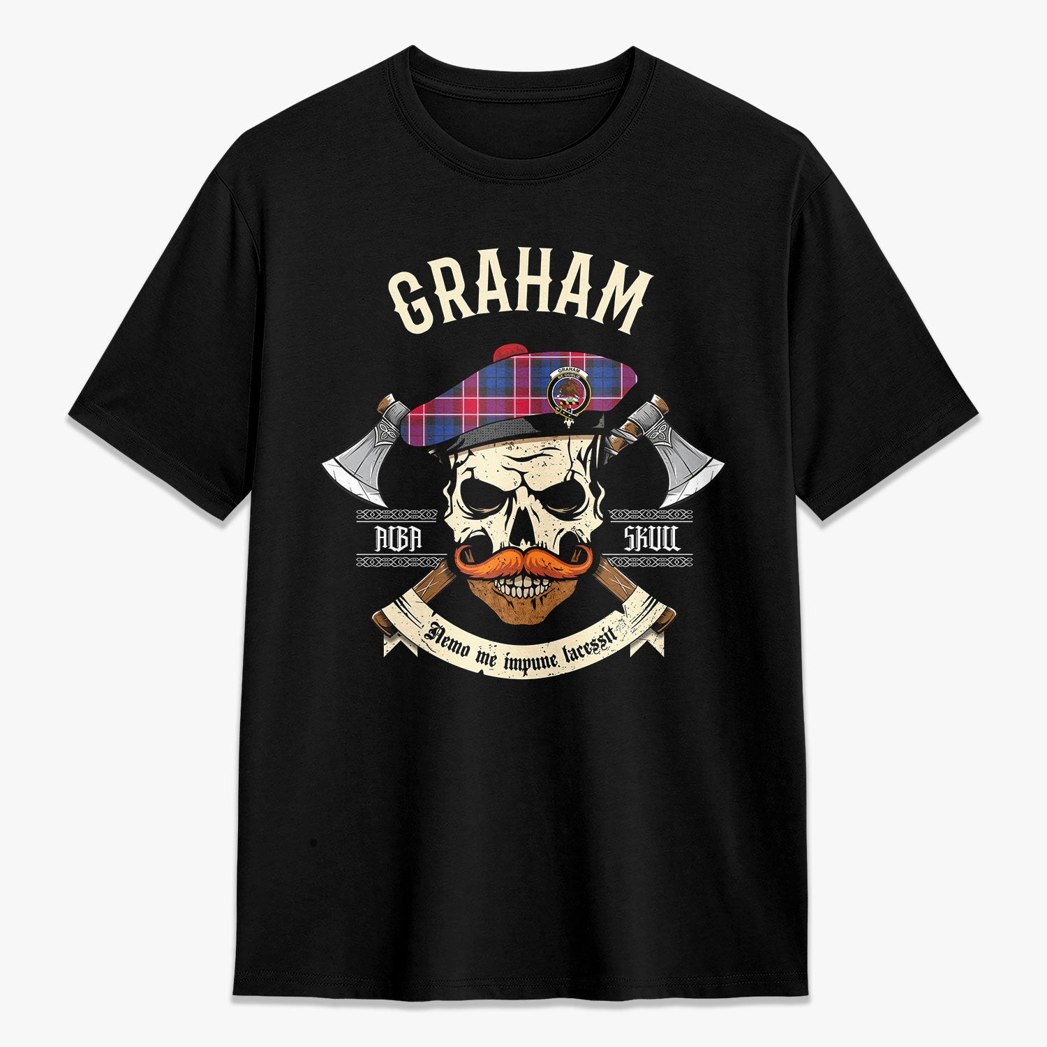 ScotsTee Shop Scottish Graham of Menteith Red Crest Tartan T-shirt Alba Skull Style