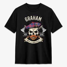 ScotsTee Shop Scottish Graham of Menteith Red Crest Tartan T-shirt Alba Skull Style