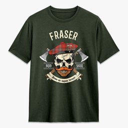 ScotsTee Shop Scottish Fraser (of Lovat) Weathered Crest Tartan T-shirt Alba Skull Style