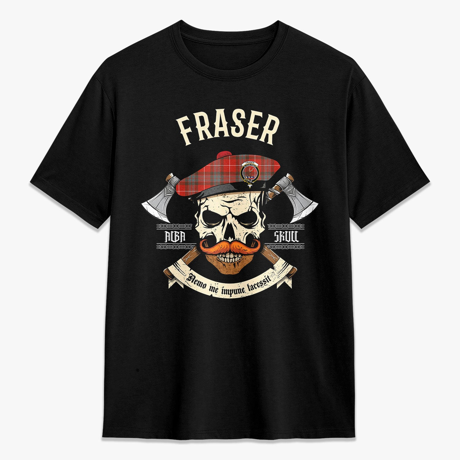 ScotsTee Shop Scottish Fraser (of Lovat) Weathered Crest Tartan T-shirt Alba Skull Style