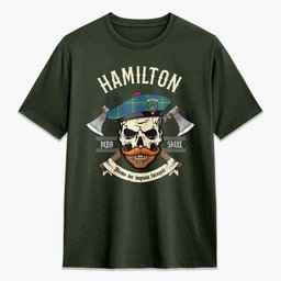 ScotsTee Shop Scottish Hamilton Hunting Ancient Crest Tartan T-shirt Alba Skull Style
