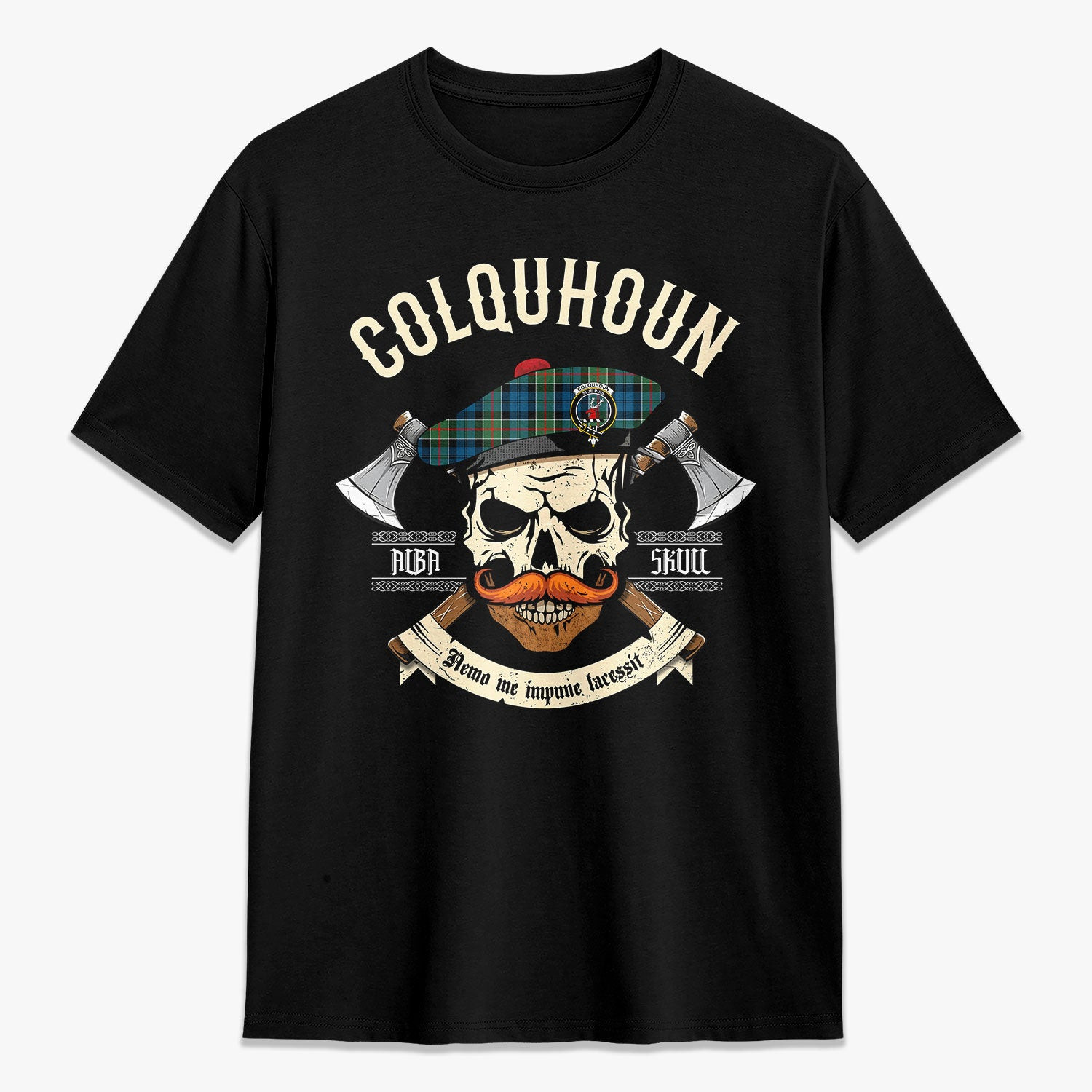 ScotsTee Shop Scottish Colquhoun Ancient Crest Tartan T-shirt Alba Skull Style