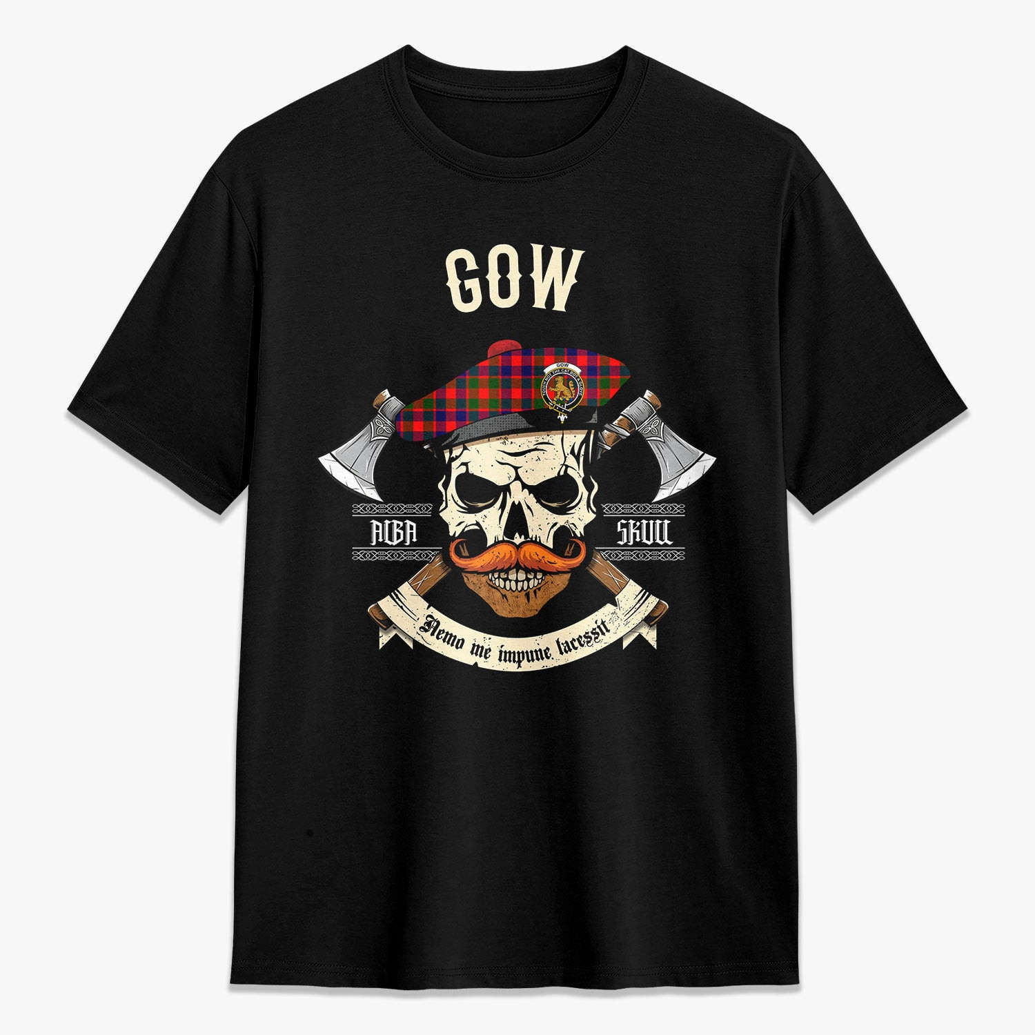 ScotsTee Shop Scottish Gow (or McGouan) Crest Tartan T-shirt Alba Skull Style