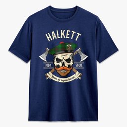 ScotsTee Shop Scottish Halkett Crest Tartan T-shirt Alba Skull Style