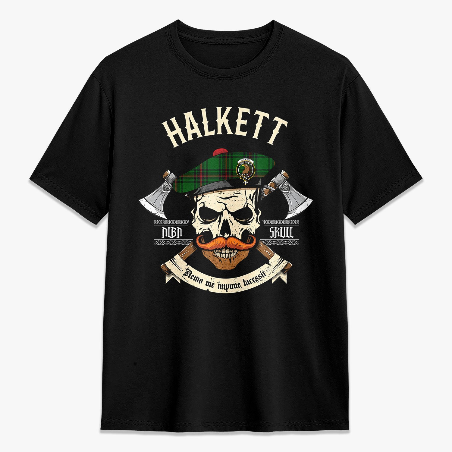 ScotsTee Shop Scottish Halkett Crest Tartan T-shirt Alba Skull Style