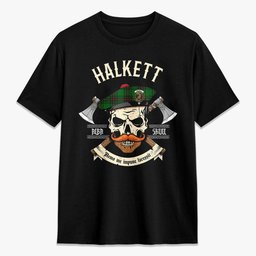 ScotsTee Shop Scottish Halkett Crest Tartan T-shirt Alba Skull Style