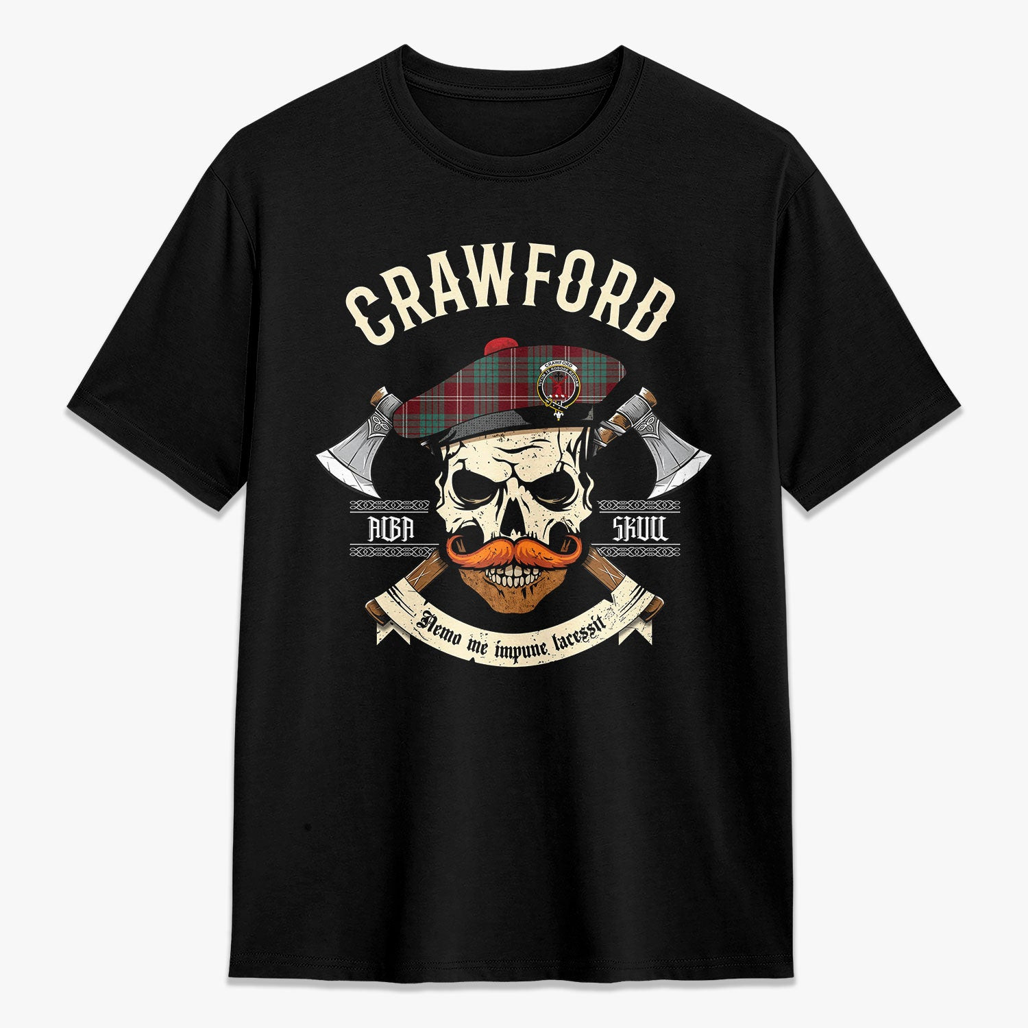 ScotsTee Shop Scottish Crawford Modern Crest Tartan T-shirt Alba Skull Style