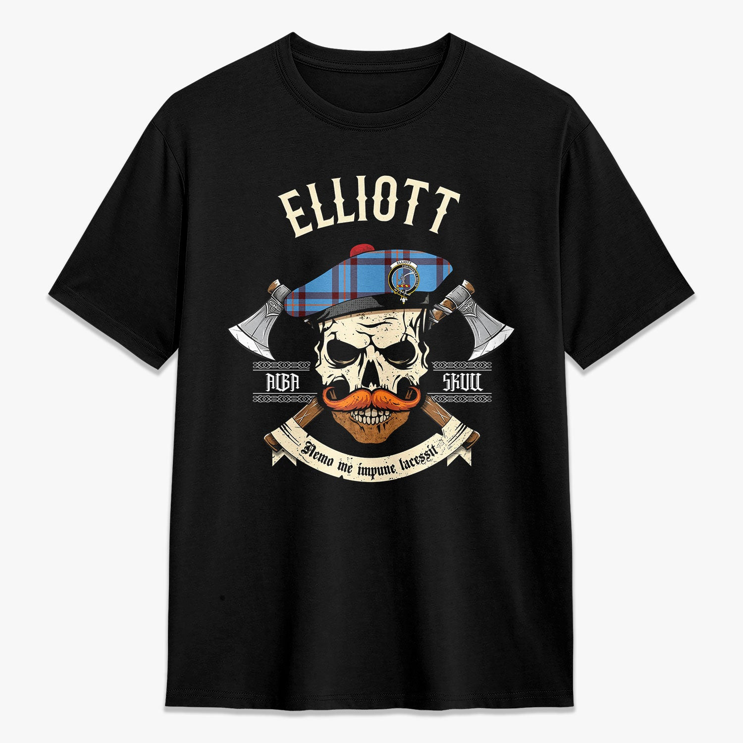 ScotsTee Shop Scottish Elliott Ancient Crest Tartan T-shirt Alba Skull Style