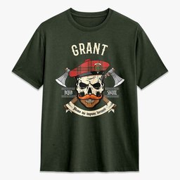 ScotsTee Shop Scottish Grant Weathered  Crest Tartan T-shirt Alba Skull Style