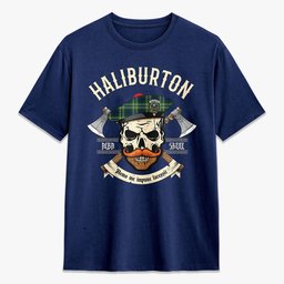 ScotsTee Shop Scottish Haliburton Crest Tartan T-shirt Alba Skull Style