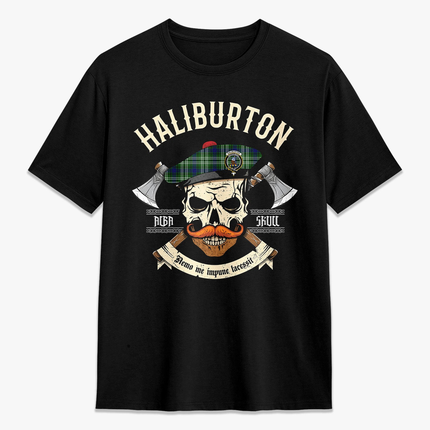 ScotsTee Shop Scottish Haliburton Crest Tartan T-shirt Alba Skull Style