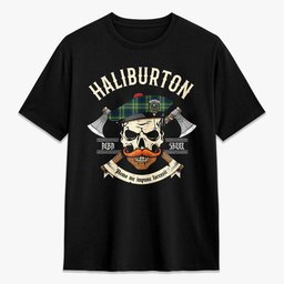ScotsTee Shop Scottish Haliburton Crest Tartan T-shirt Alba Skull Style