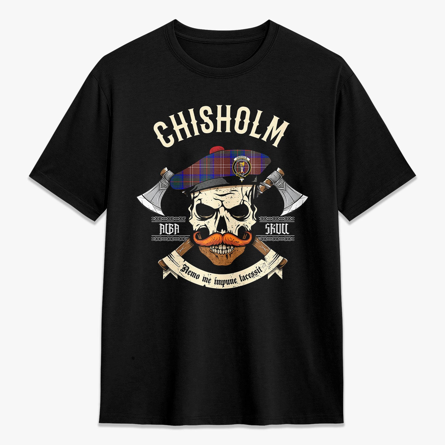 ScotsTee Shop Scottish Chisholm Hunting Modern Crest Tartan T-shirt Alba Skull Style