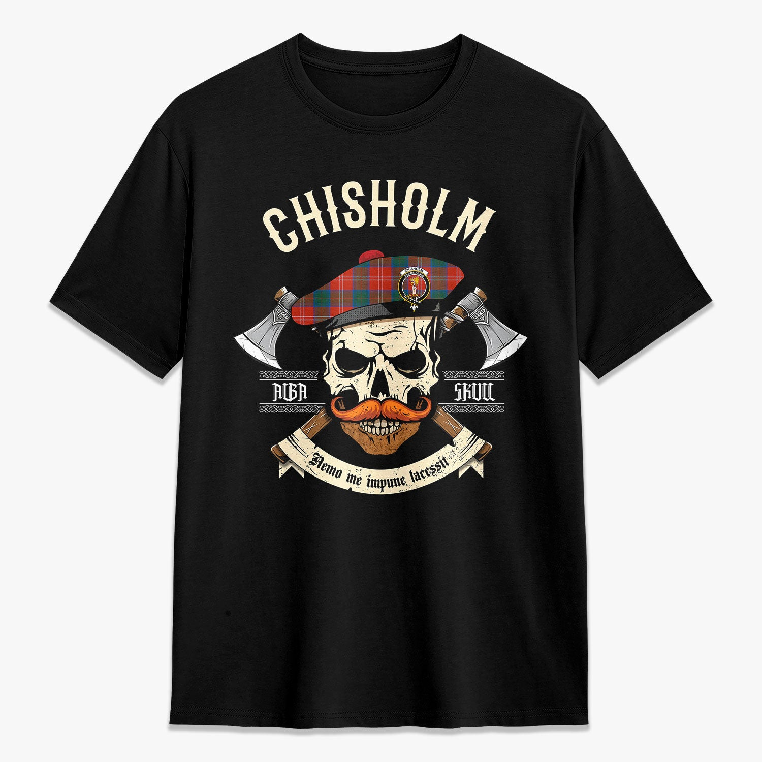 ScotsTee Shop Scottish Chisholm Ancient Crest Tartan T-shirt Alba Skull Style
