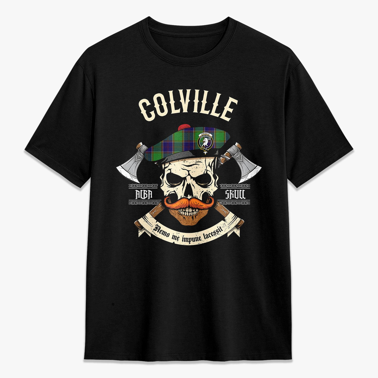 ScotsTee Shop Scottish Colville Crest Tartan T-shirt Alba Skull Style