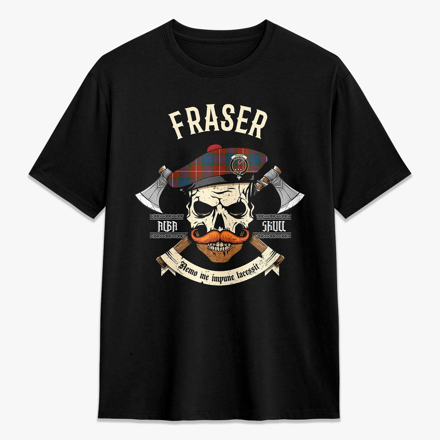 ScotsTee Shop Scottish Fraser (of Lovat) Ancient Crest Tartan T-shirt Alba Skull Style