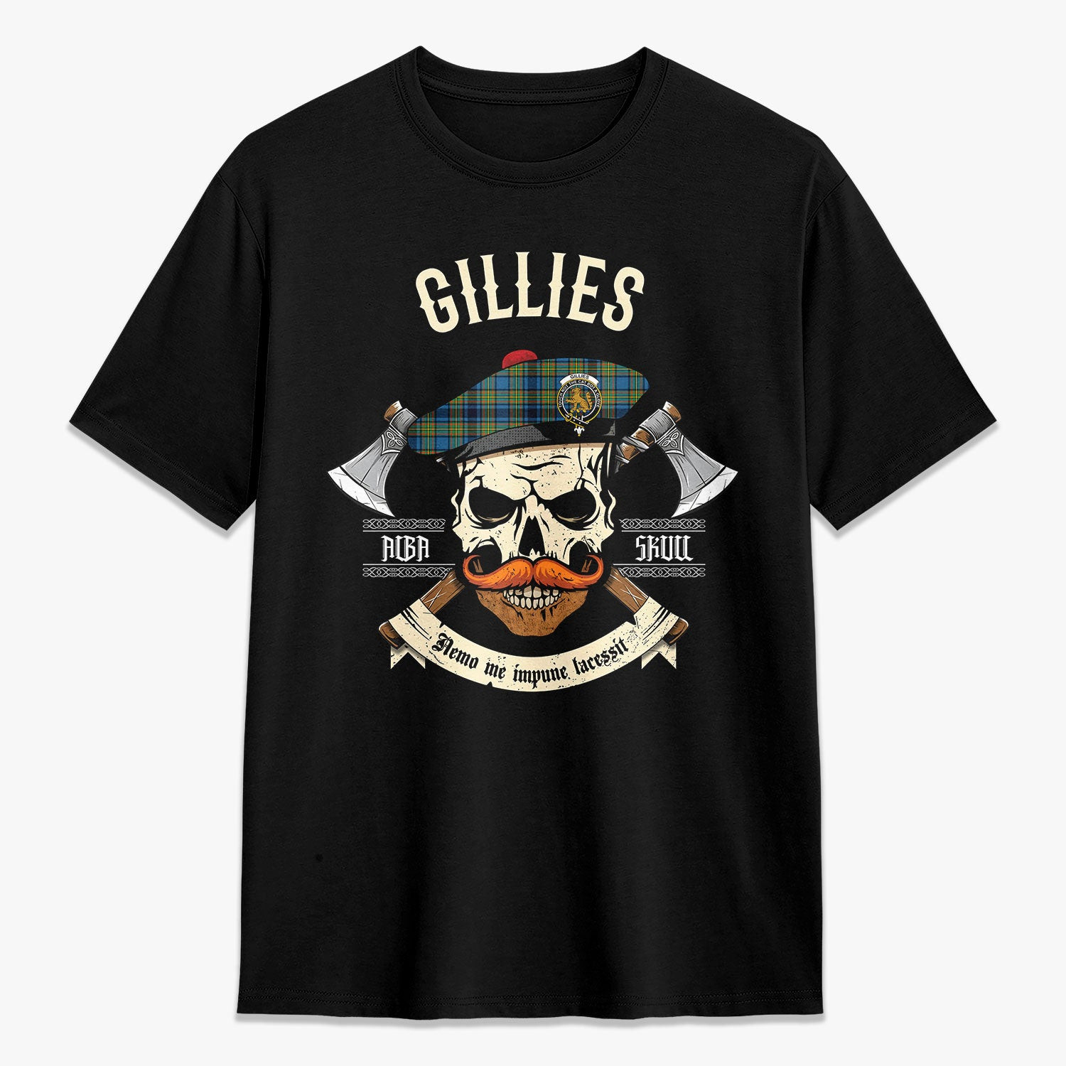 ScotsTee Shop Scottish Gillies Ancient Crest Tartan T-shirt Alba Skull Style