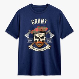 ScotsTee Shop Scottish Grant Ancient Crest Tartan T-shirt Alba Skull Style