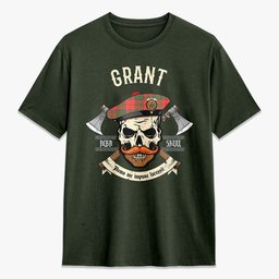 ScotsTee Shop Scottish Grant Ancient Crest Tartan T-shirt Alba Skull Style