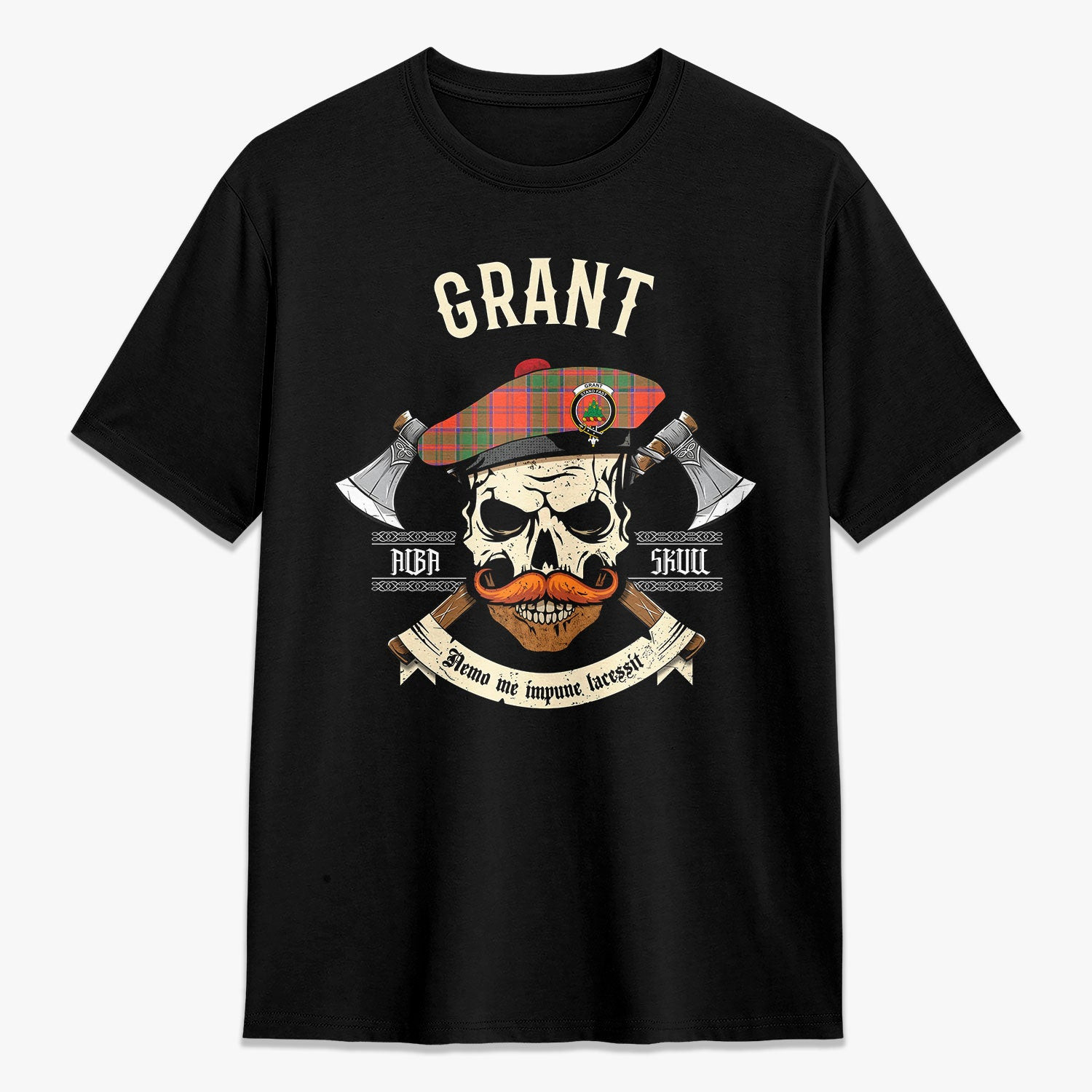 ScotsTee Shop Scottish Grant Ancient Crest Tartan T-shirt Alba Skull Style