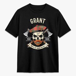 ScotsTee Shop Scottish Grant Ancient Crest Tartan T-shirt Alba Skull Style