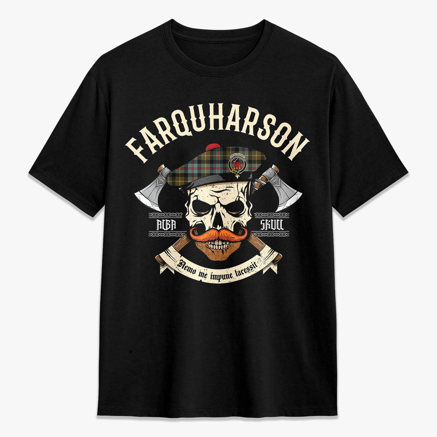 ScotsTee Shop Scottish Farquharson Weathered Crest Tartan T-shirt Alba Skull Style