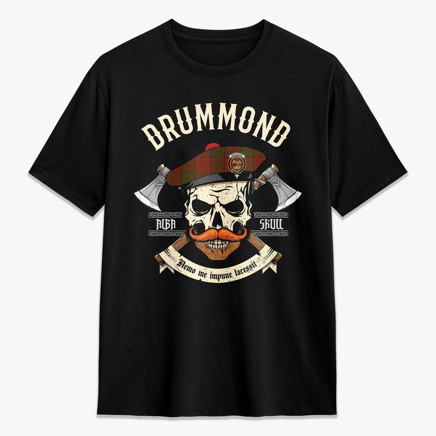 ScotsTee Shop Scottish Drummond Clan Crest Tartan T-shirt Alba Skull Style
