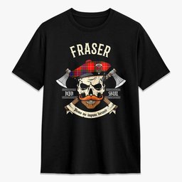 ScotsTee Shop Scottish Fraser (of Lovat) Modern Crest Tartan T-shirt Alba Skull Style