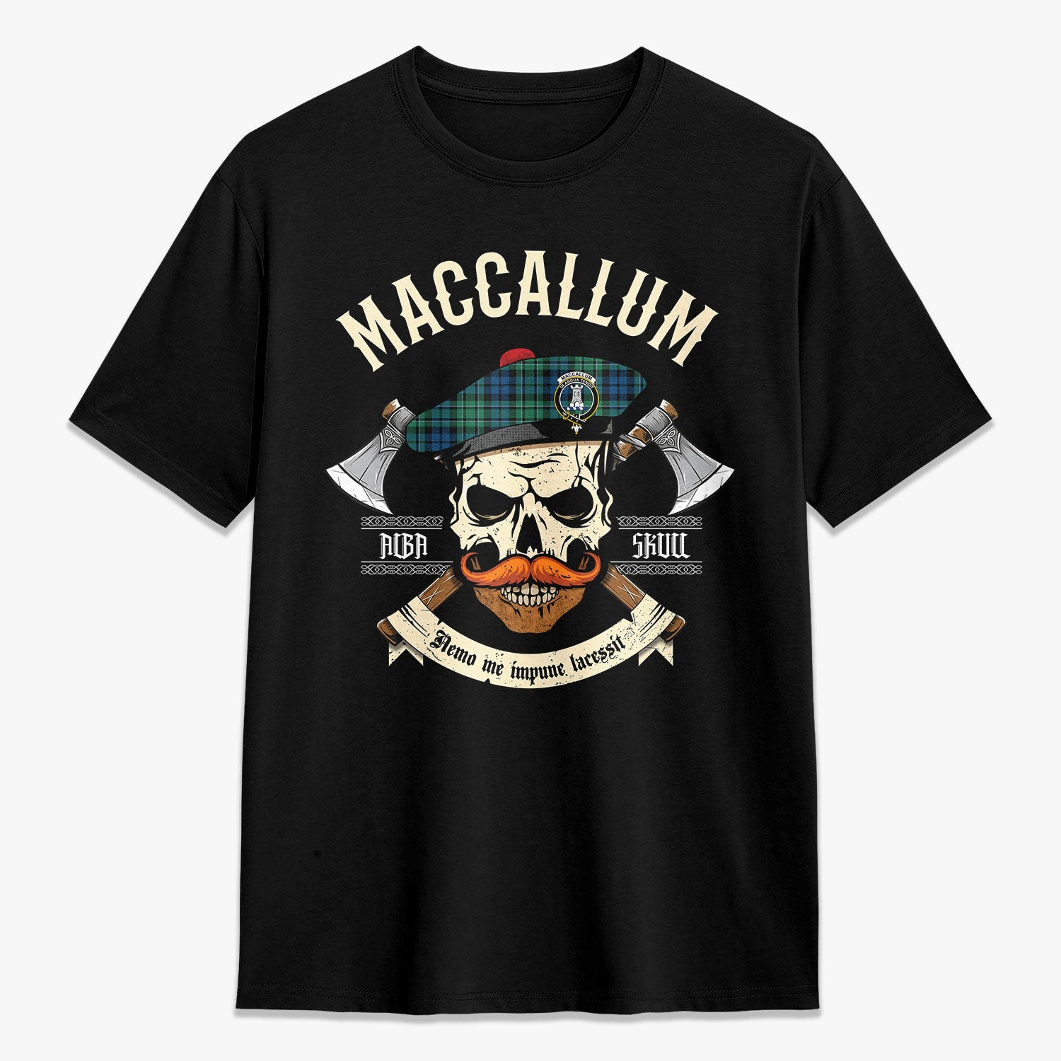 ScotsTee Shop Scottish MacCallum Ancient Crest Tartan T-shirt Alba Skull Style