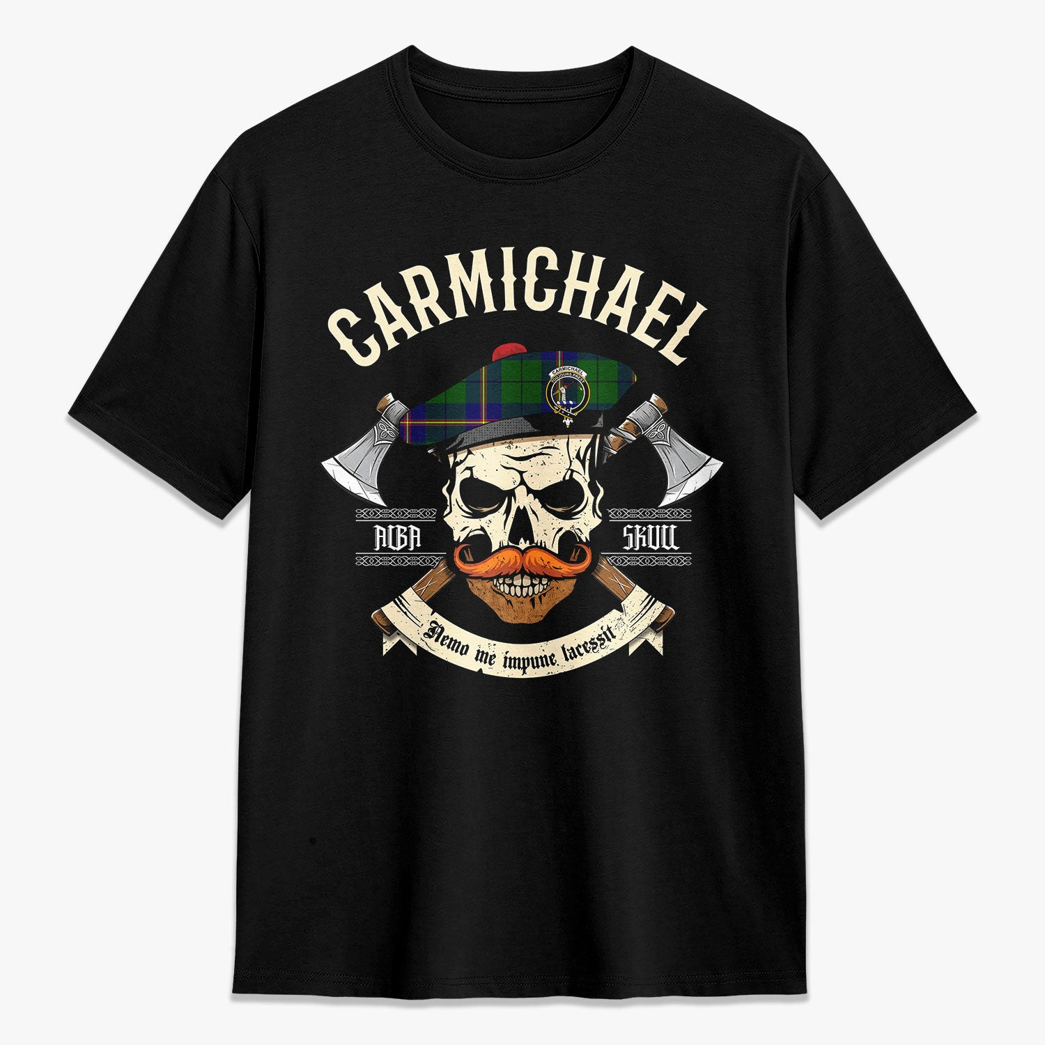 ScotsTee Shop Scottish Carmichael Modern Crest Tartan T-shirt Alba Skull Style
