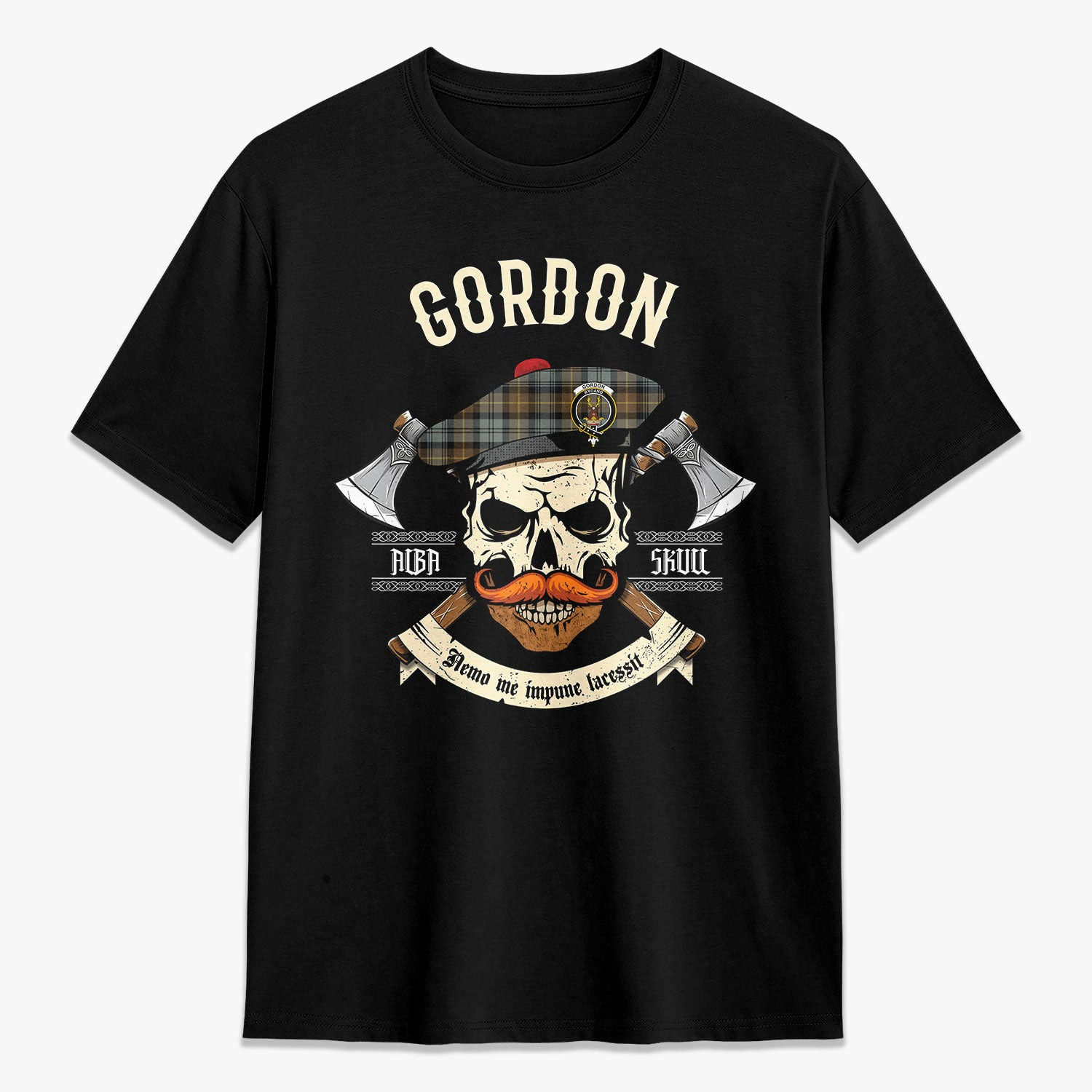 ScotsTee Shop Scottish Gordon Weathered Crest Tartan T-shirt Alba Skull Style