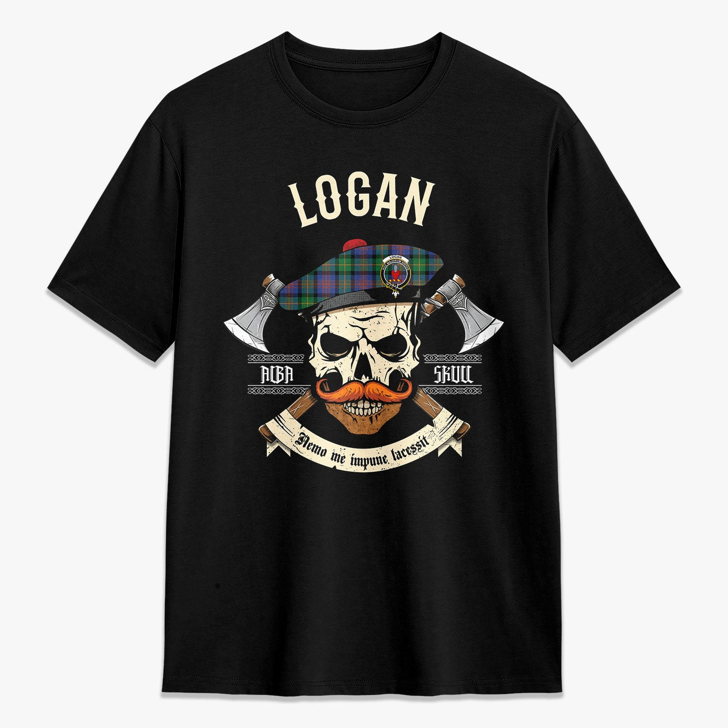 ScotsTee Shop Scottish Logan Ancient Crest Tartan T-shirt Alba Skull Style
