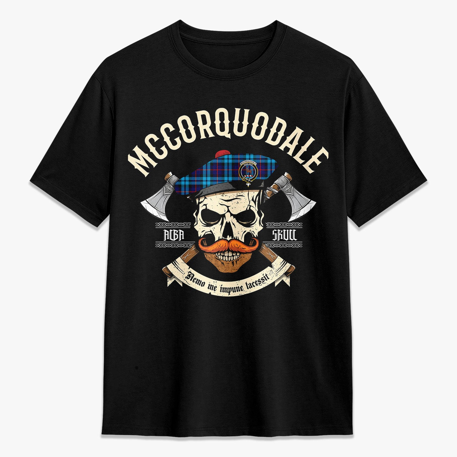 ScotsTee Shop Scottish McCorquodale Crest Tartan T-shirt Alba Skull Style