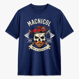 ScotsTee Shop Scottish MacNicol (of Scorrybreac) Crest Tartan T-shirt Alba Skull Style