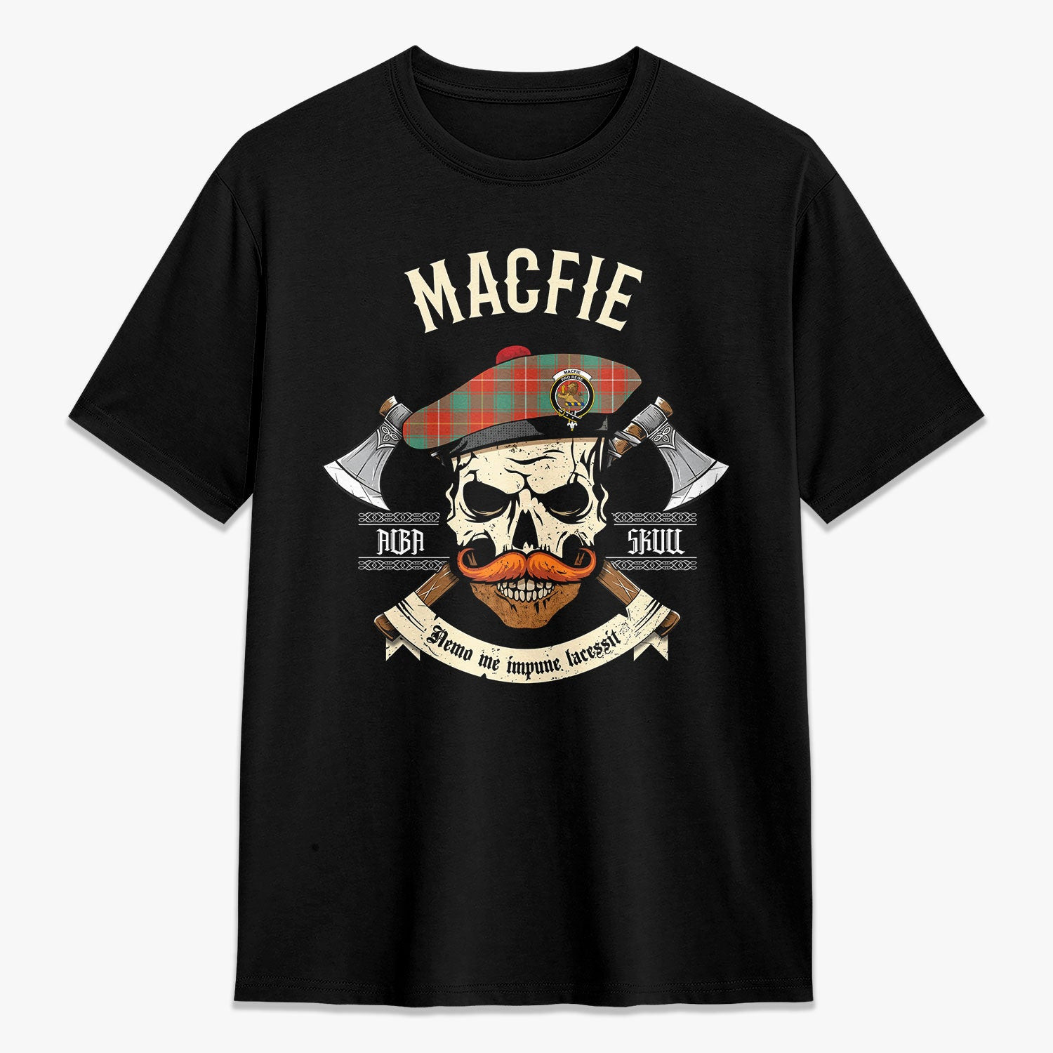 ScotsTee Shop Scottish MacFie Ancient Crest Tartan T-shirt Alba Skull Style