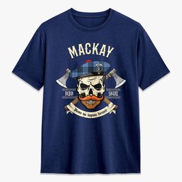 ScotsTee Shop Scottish MacKay Blue Crest Tartan T-shirt Alba Skull Style