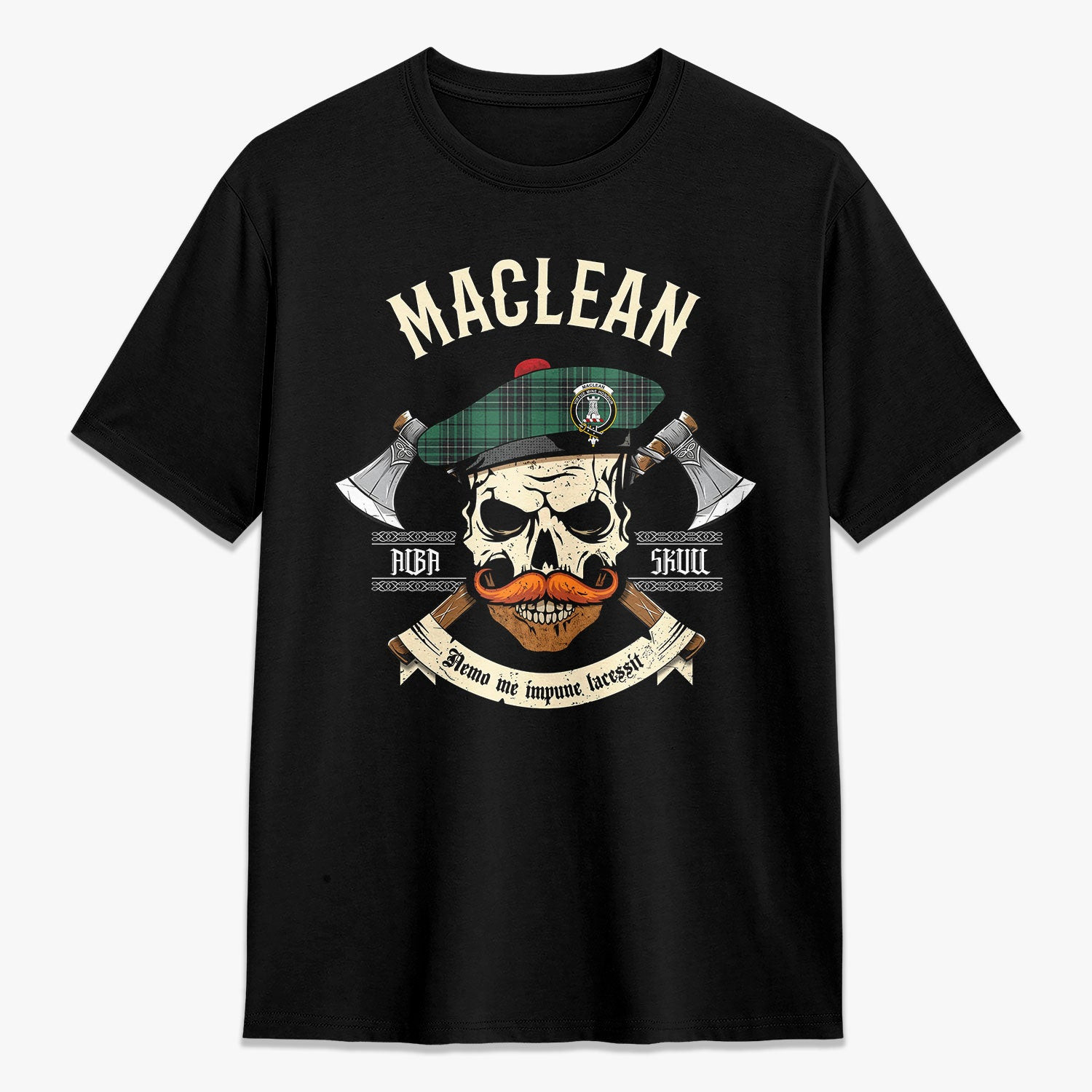 ScotsTee Shop Scottish MacLean Hunting Ancient Crest Tartan T-shirt Alba Skull Style