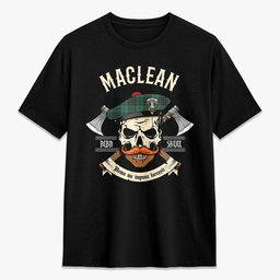 ScotsTee Shop Scottish MacLean Hunting Ancient Crest Tartan T-shirt Alba Skull Style